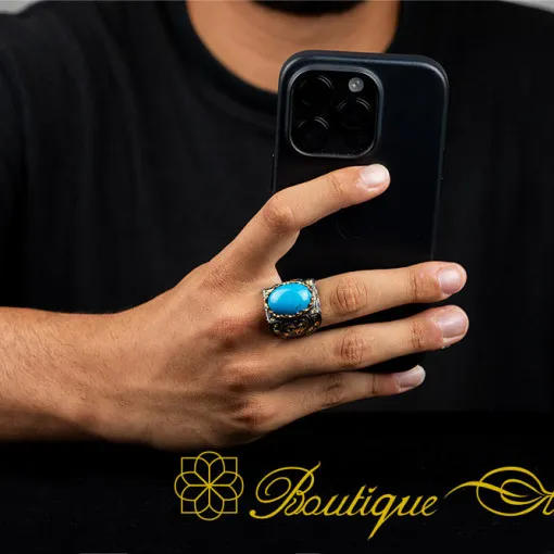 Turquoise Feroza Rectangle Gold Plated Oxidized Ring