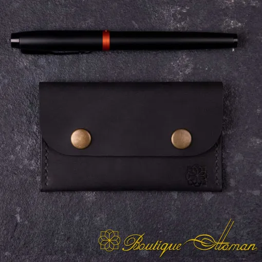 Genuine Leather Black Snap On Card Holder