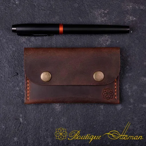 Genuine Leather Brown Snap On Card Holder