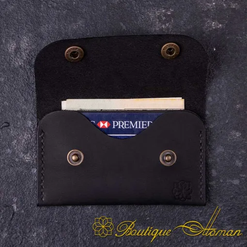 Genuine Leather Black Snap On Card Holder