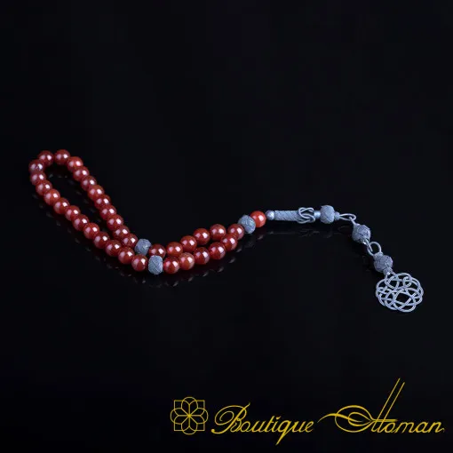 Red Agate Stone Tasbih With Oxidized Kazaz Imame