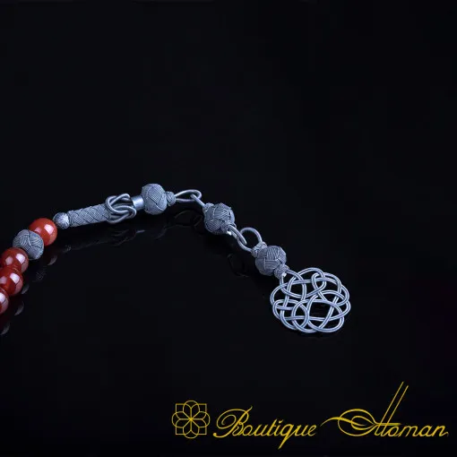 Red Agate Stone Tasbih With Oxidized Kazaz Imame