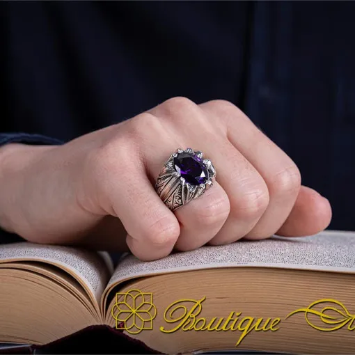 Oval Amethyst Zircon Hand Engraved Silver Ring