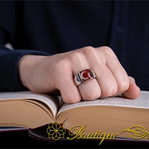 Crescent Star Red Enamel Silver Ring