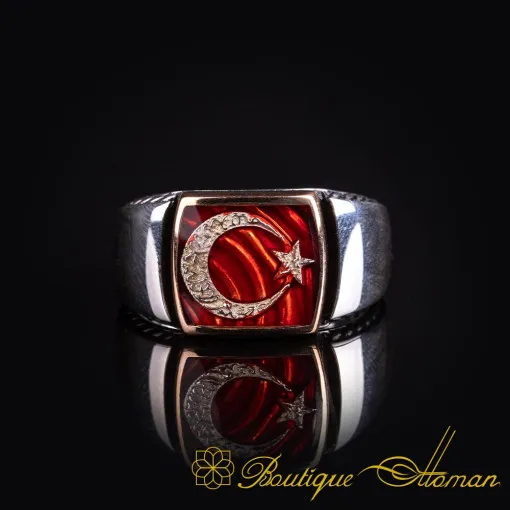 Crescent Star Red Enamel Silver Ring