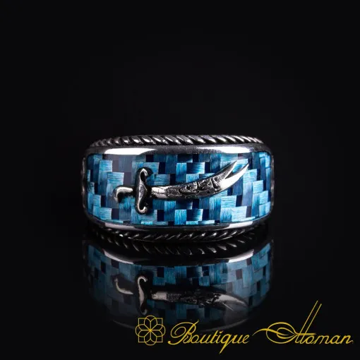 Zulfikar Sword Ice Blue Carbon Silver Ring