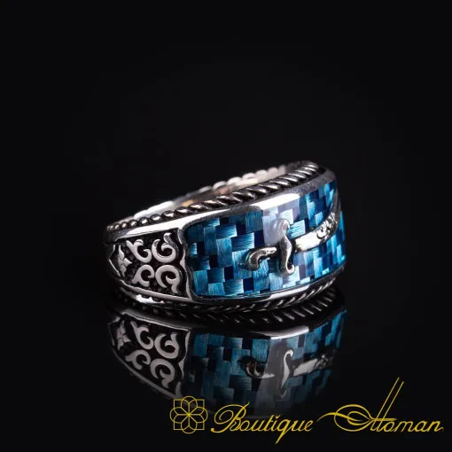 Zulfikar Sword Ice Blue Carbon Silver Ring