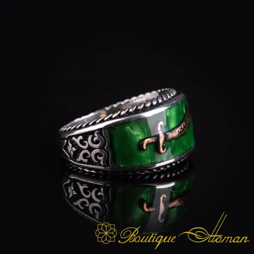 Zulfikar Sword Green Carbon Silver Ring