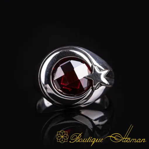 Crescent Star Red Zircon Silver Ring