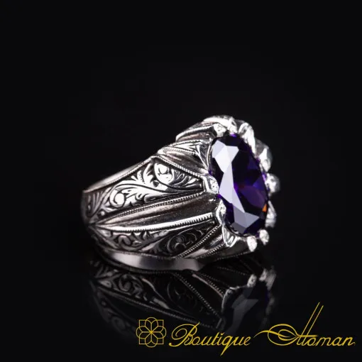 Oval Amethyst Zircon Hand Engraved Silver Ring