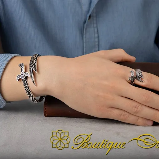 Zulfikar Sword Islamic Silver Adjustable Bracelet & Ring Set
