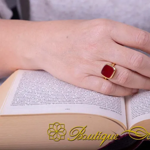 Red Yemeni Aqeeq Square Minimalist Women Ring (Gold Plated)