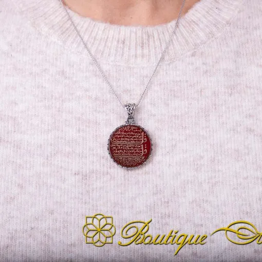 Surah Al Nas & Al Falaq Islamic Red Aqeeq Round Silver Necklace