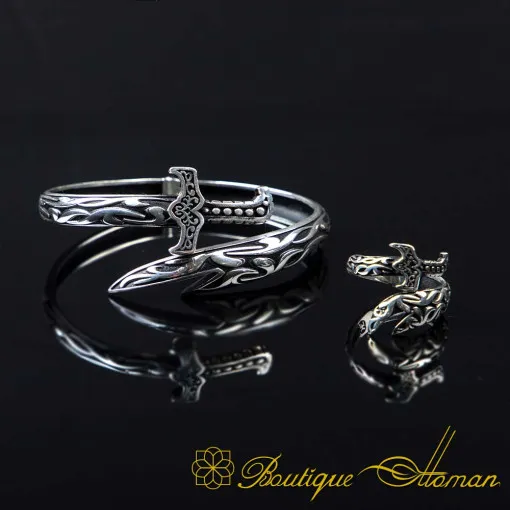 Zulfikar Sword Silver Adjustable Bracelet & Ring Set