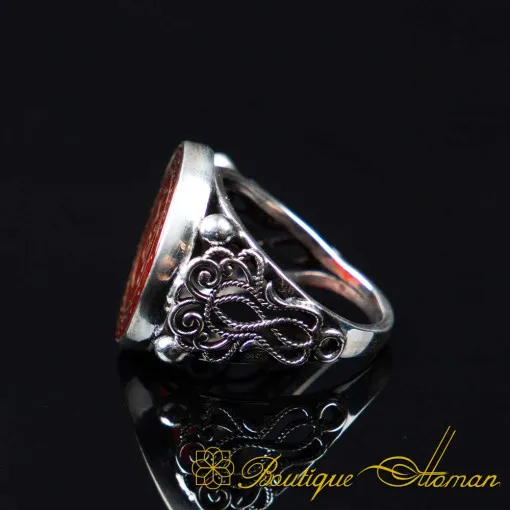 Al-Fattah Red Yemeni Aqeeq Silver Filigree Women Ring
