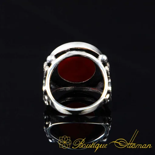 Al-Fattah Red Yemeni Aqeeq Silver Filigree Women Ring