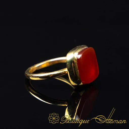 Red Yemeni Aqeeq Square Minimalist Women Ring (Gold Plated)