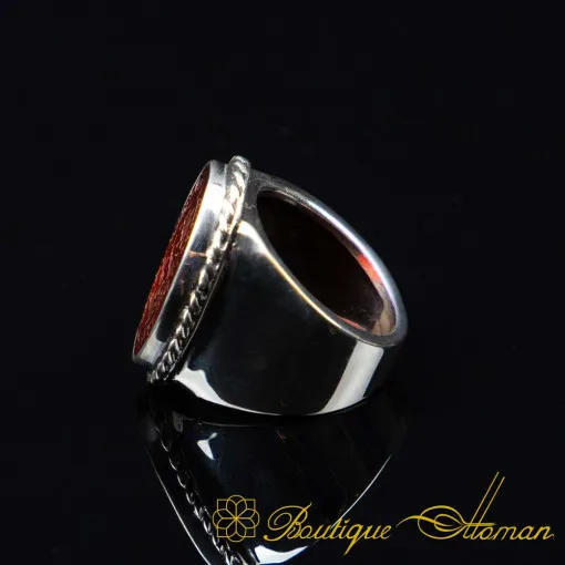 Surah Al Fatiha Red Yemeni Aqeeq Plain Band Pinky Finger Silver Ring