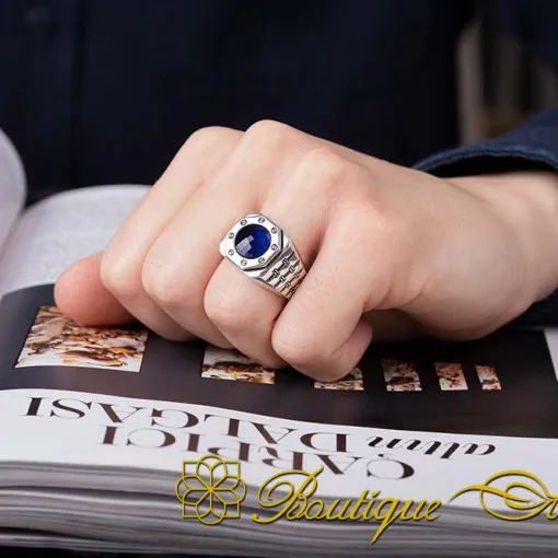Octagon Style Blue Zircon Silver Ring