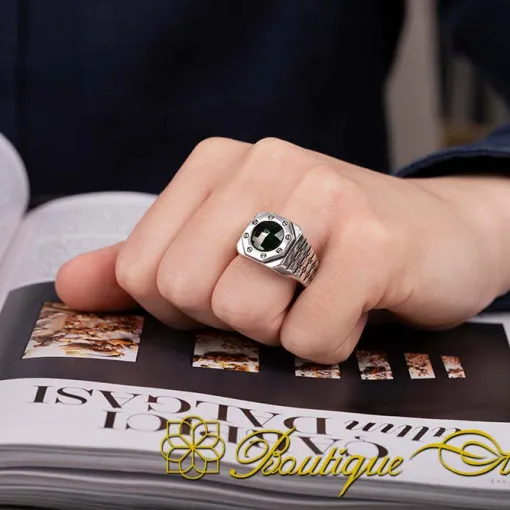 Octagon Style Green Zircon Silver Ring