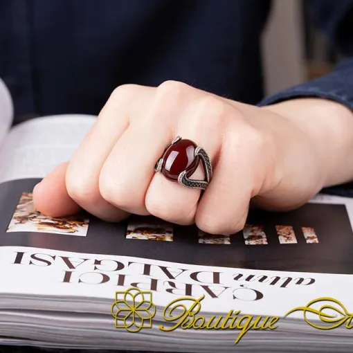 Serpent Elegance Red Aqeeq Oxidized Silver Ring