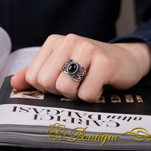 Black Aqeeq Intricate Silver Ring