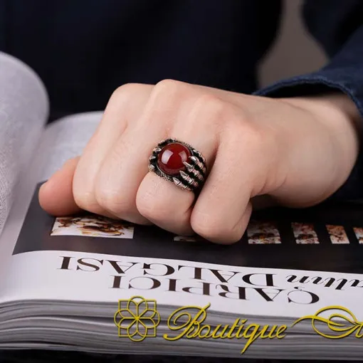 Claw Style Red Aqeeq Oxidized Silver Ring
