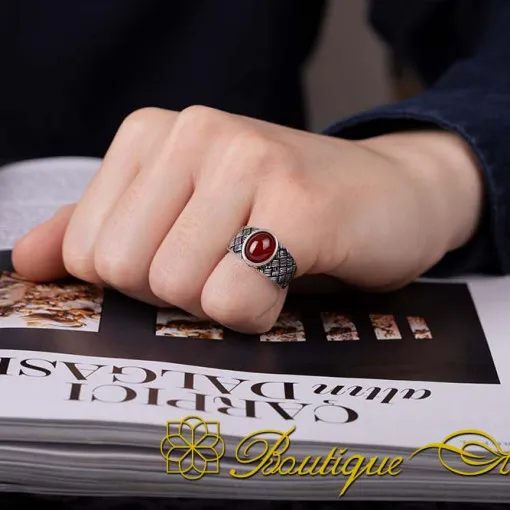Red Aqeeq Knitted Silver Pinky Finger Ring