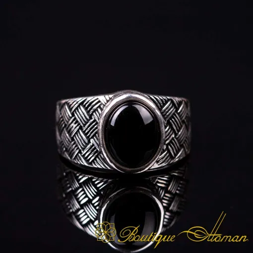 Black Aqeeq Knitted Silver Pinky Finger Ring
