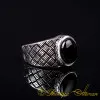 Black Aqeeq Knitted Silver Pinky Finger Ring