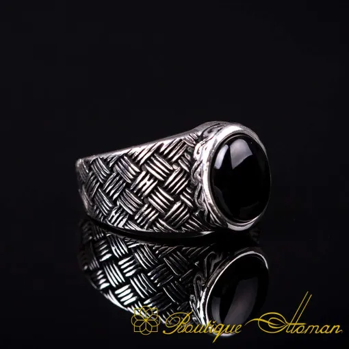 Black Aqeeq Knitted Silver Pinky Finger Ring