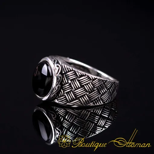 Black Aqeeq Knitted Silver Pinky Finger Ring