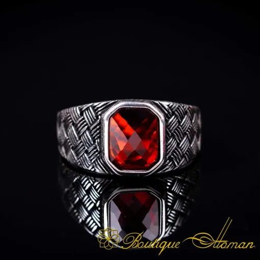 Octagon Red Zircon Knitted Silver Ring
