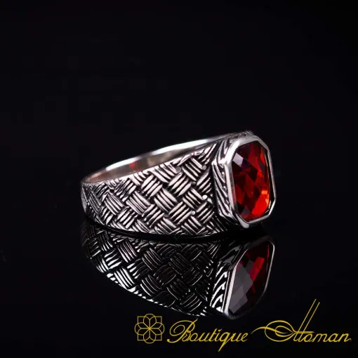 Octagon Red Zircon Knitted Silver Ring