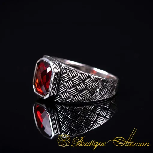 Octagon Red Zircon Knitted Silver Ring