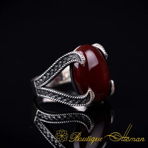 Serpent Elegance Red Aqeeq Oxidized Silver Ring