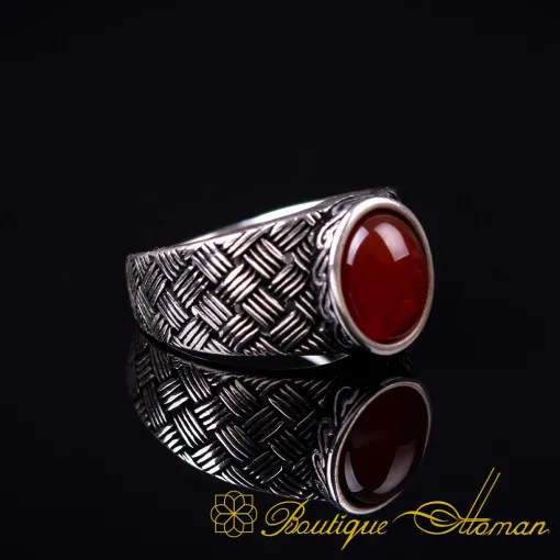 Red Aqeeq Knitted Silver Pinky Finger Ring