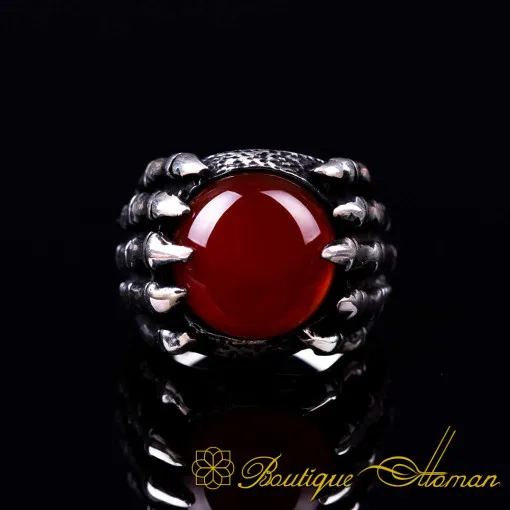 Claw Style Red Aqeeq Oxidized Silver Ring