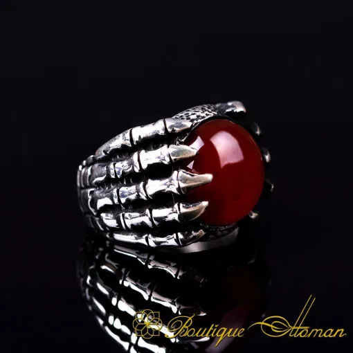 Claw Style Red Aqeeq Oxidized Silver Ring