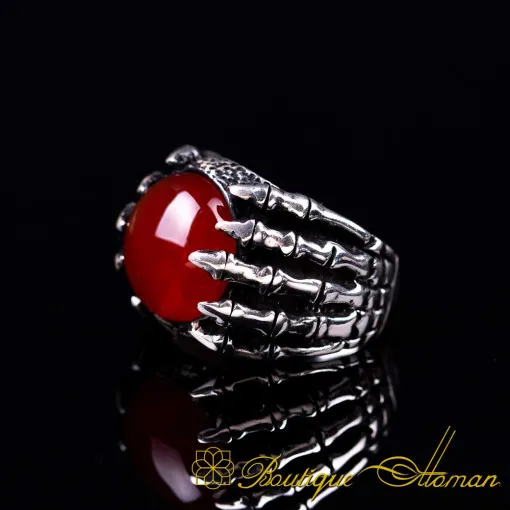 Claw Style Red Aqeeq Oxidized Silver Ring