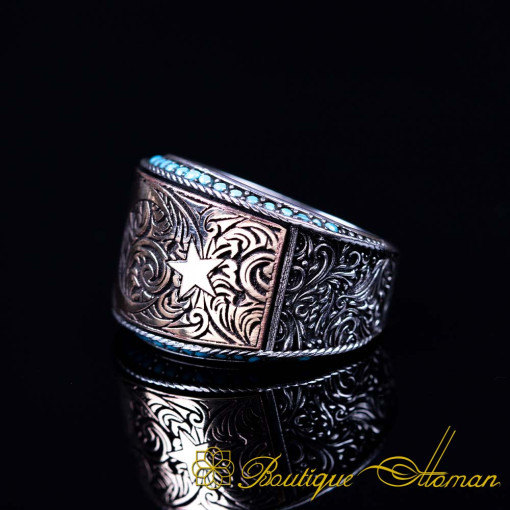 Bronze Crescent Star Micro Turquoise Detailed Silver Ring
