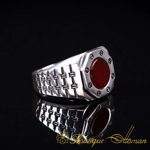 Octagon Style Red Aqeeq Silver Ring