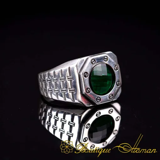 Octagon Style Green Zircon Silver Ring