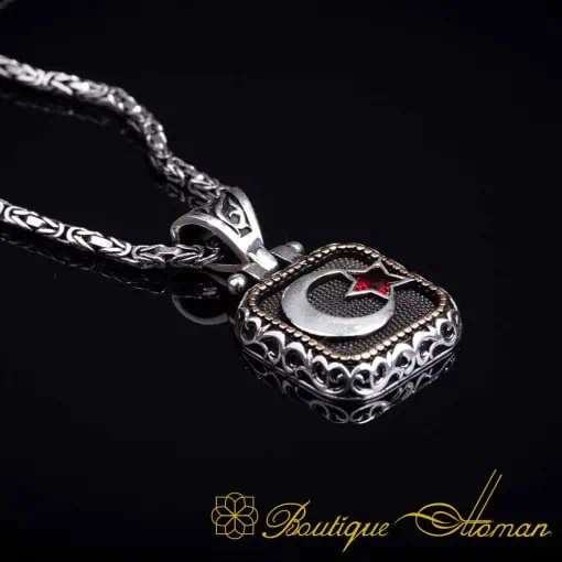 Crescent Red Zircon Star Square Pendant with King Chain Necklace
