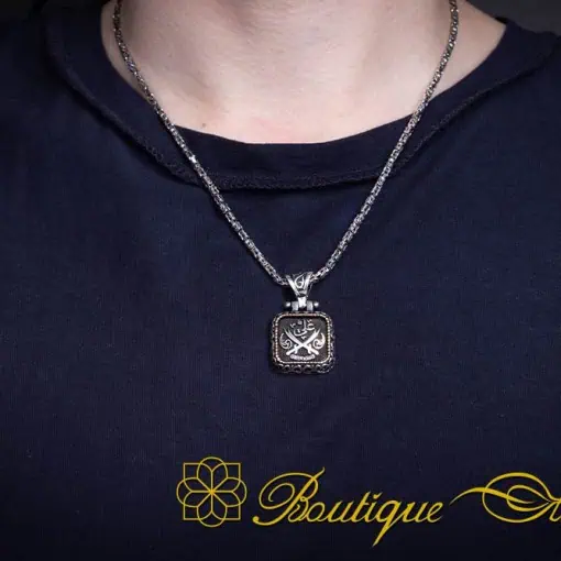 Alternative view of Crossed Swords (Ya Ali) Square Pendant with King Chain Necklace