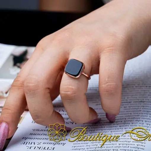 Black Aqeeq Square Minimalist Women Ring (Rose Gold Plated)