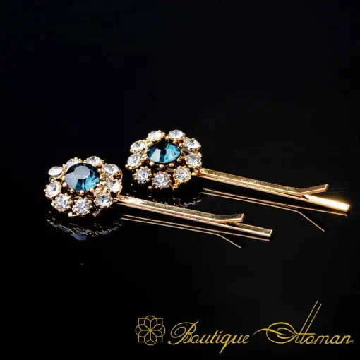 Round Blue & White Zircon Detailed Gold Plated Side Hair Clip