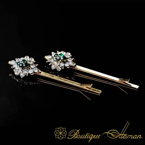 Rhombus Green & White Zircon Detailed Gold Plated Side Hair Clip