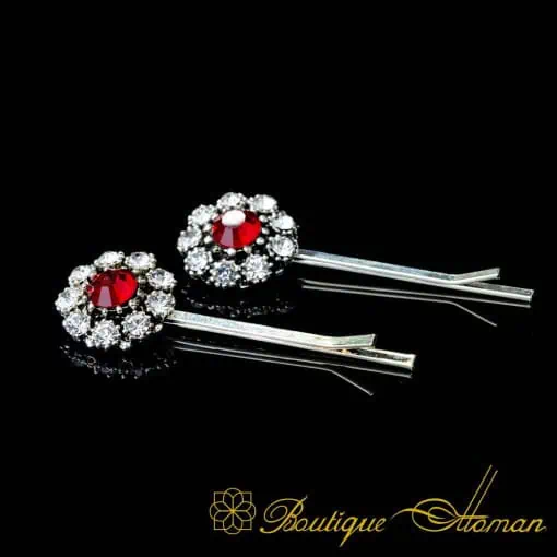 Round Red & White Zircon Detailed Silver Side Hair Clip