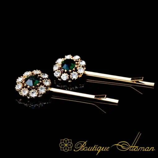 Round Green & White Zircon Detailed Gold Plated Side Hair Clip